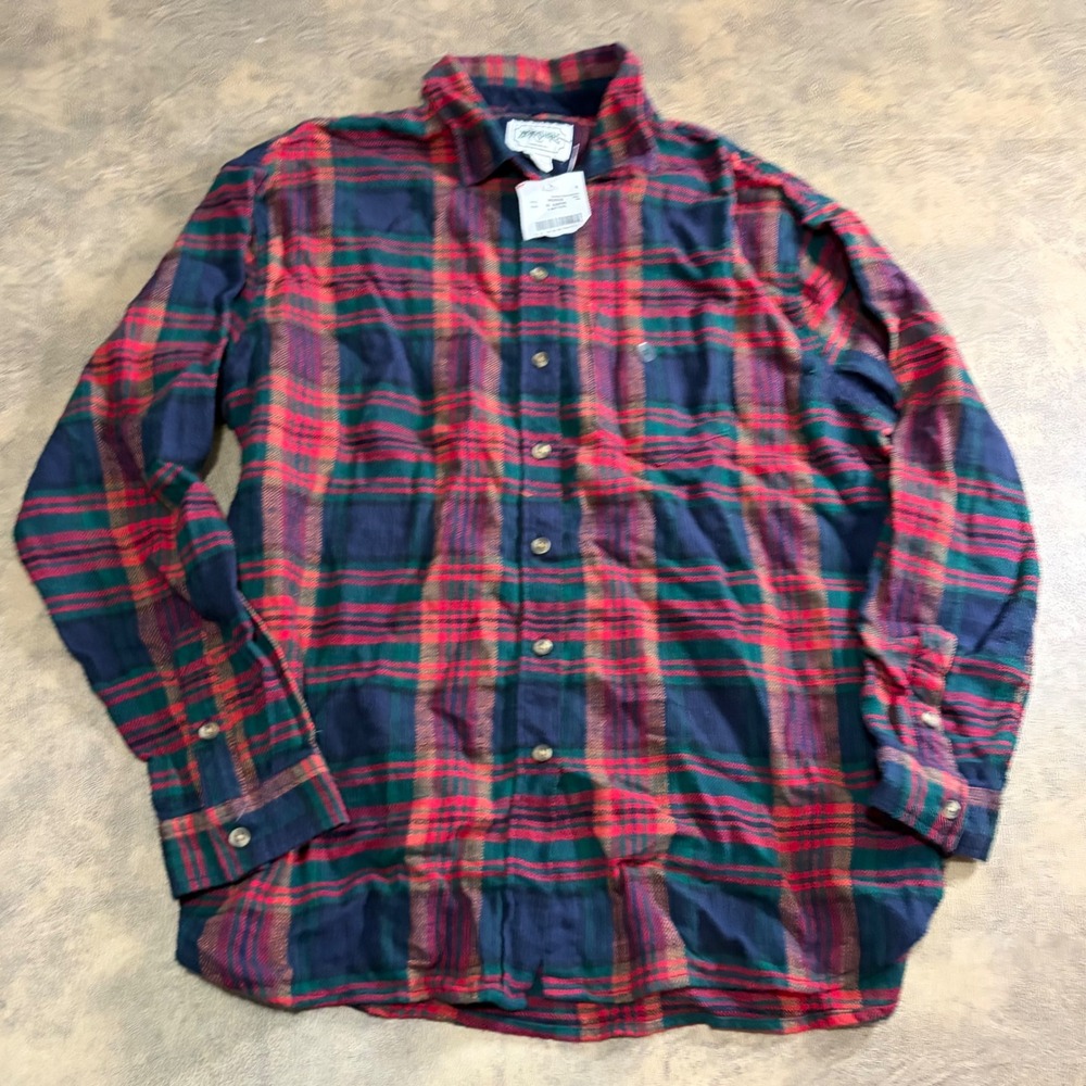 American Eagle Flannel Shirt Mens Small Red Green Plaid Long Sleeve Deadstock